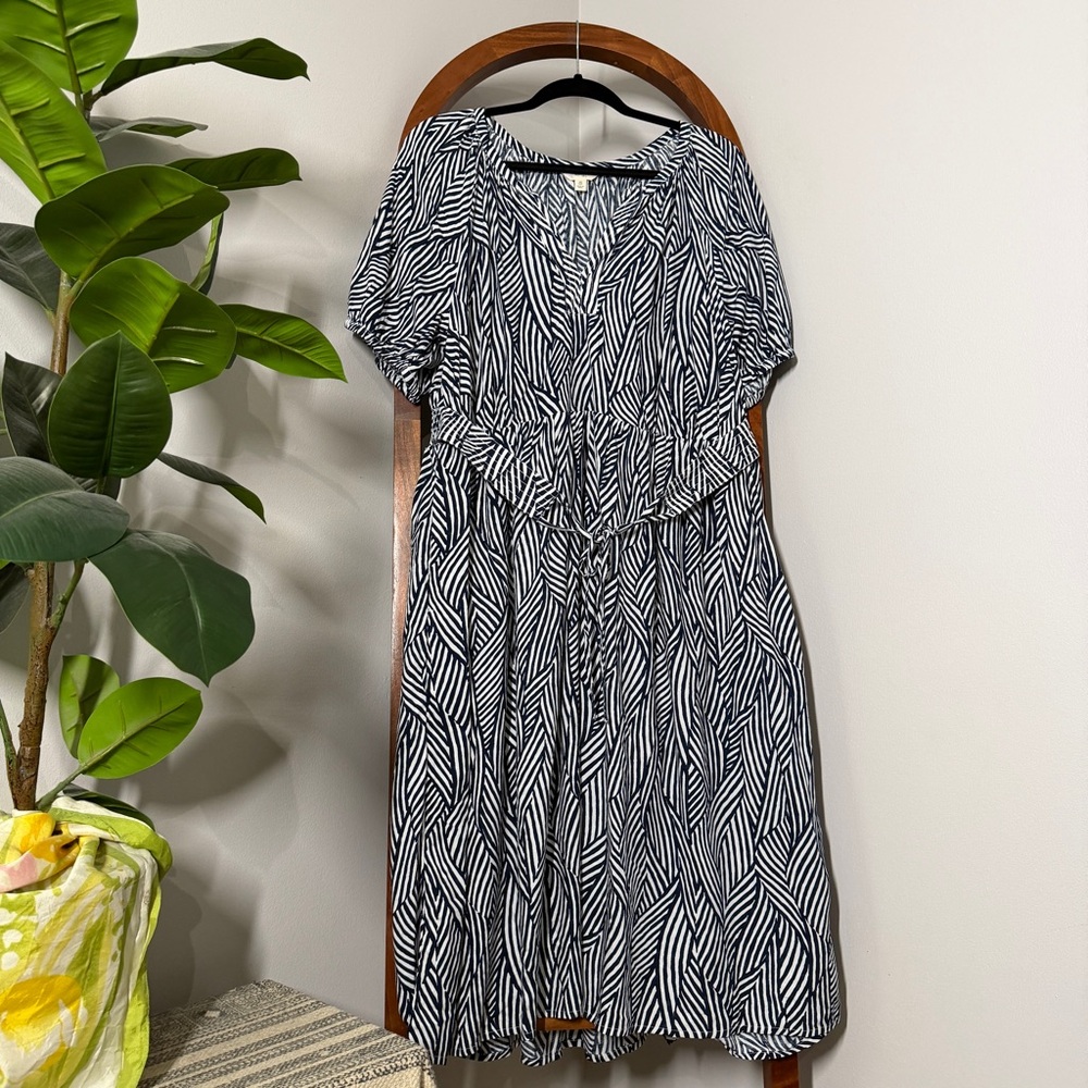 Terra & Sky 0X 14W Blue White Puff Sleeve Belted Fit and Flare Dress NEW